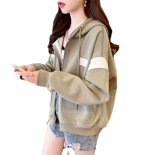 连帽卫衣女秋冬季韩版宽松加绒加厚小个子撞色欧货重工开衫外套潮