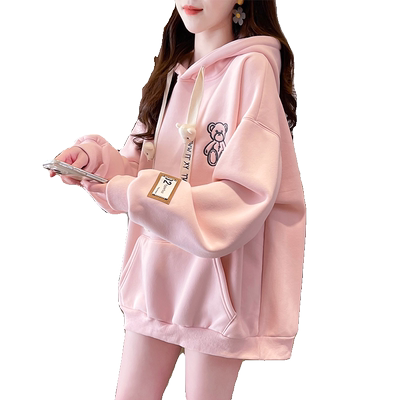 薄款宽松大码女装小熊抽绳卫衣女