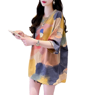 设计感小众纯棉短袖t恤女夏季韩版宽松大码中长款扎染渐变色上衣