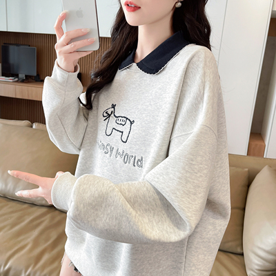 polo领假两件卫衣女加绒宽松