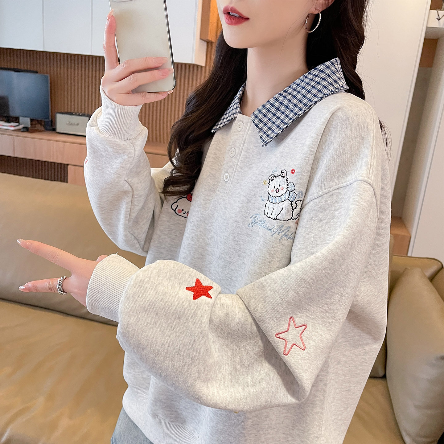 衬衫领卫衣女薄款春秋图片