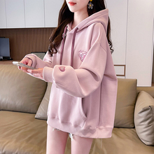 连帽卫衣女秋冬季韩版宽松大码加绒加厚设计感小众小个子百搭外套