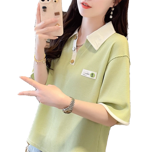 翻领polo衫短袖t恤女夏季韩版宽松大码女装设计感小众华夫格上衣