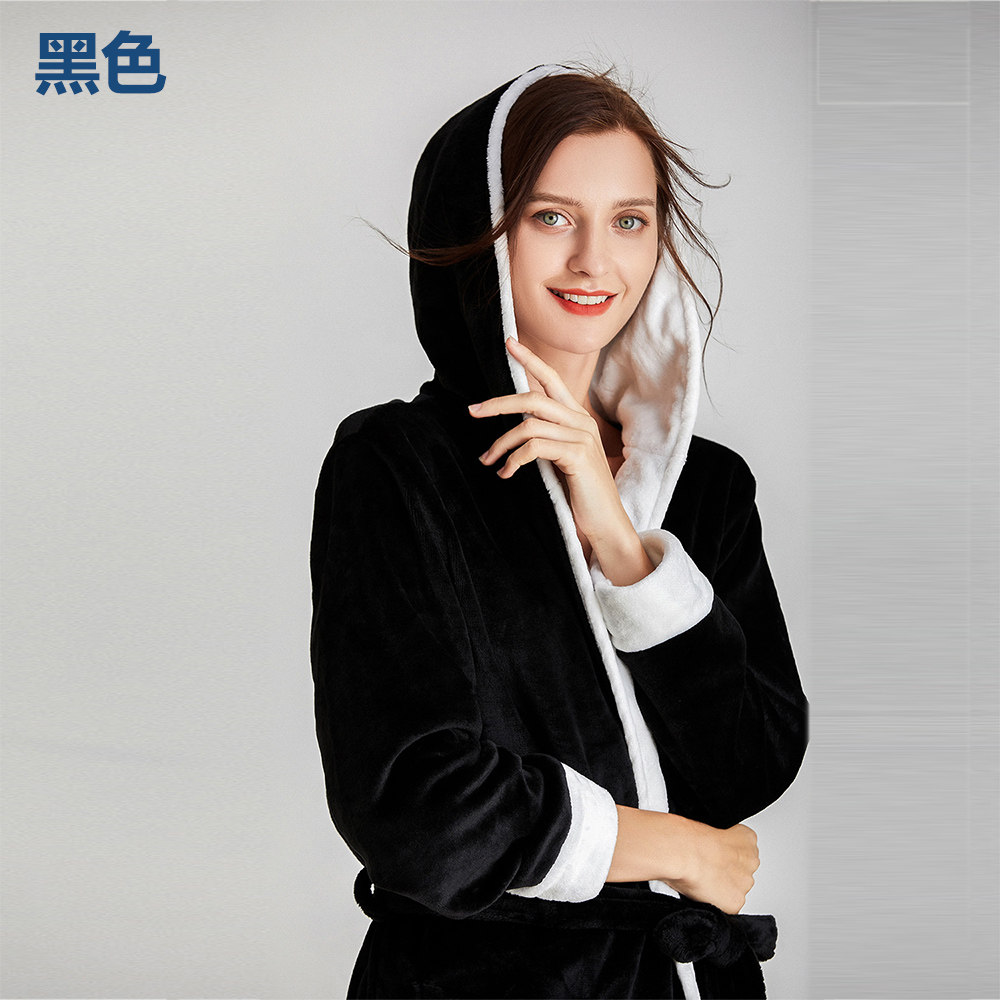 冬季加厚情侣睡袍简约纯色法兰绒睡袍撞色连帽睡袍女酒店温泉汗蒸