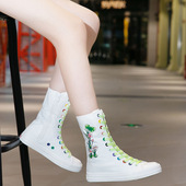 荷花图案中筒帆布鞋 前系带侧拉链帆布鞋 中筒内增高女鞋 2026年新款