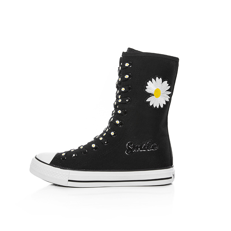 2024年新款韩版女鞋图案雏菊鞋带中筒帆布鞋休闲鞋胶鞋时尚好看鞋