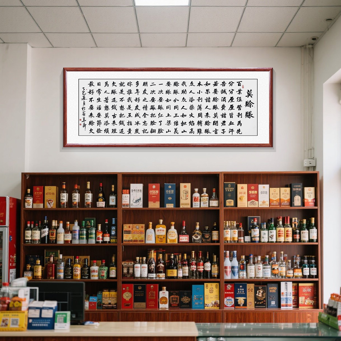 莫赊账手写书法字画真迹  办公室背景墙烟酒店挂画前台装饰画带框