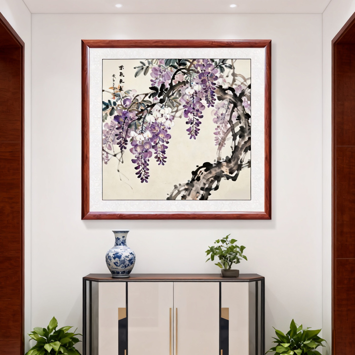 中式紫藤花国画挂画 手绘紫气东来 客厅餐厅玄关装饰画花卉画带框