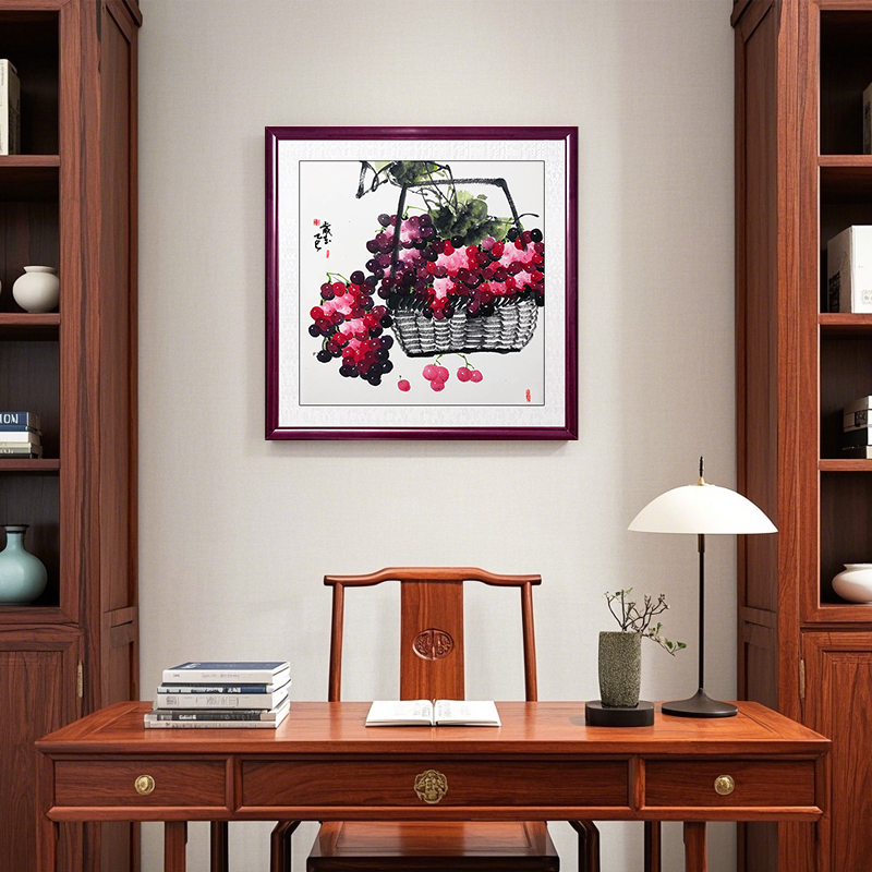 正方形手绘葡藤瑞景国画装饰画 茶室书房餐厅装饰画 花鸟玄关挂画图片