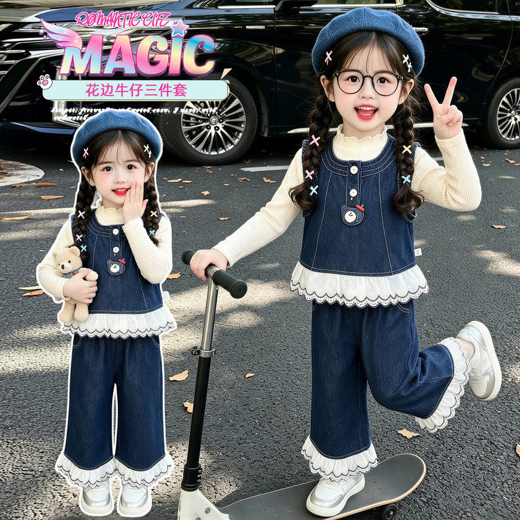 女童套装春秋季2026新款女宝宝洋气牛仔马甲打底衫儿童秋装三件套