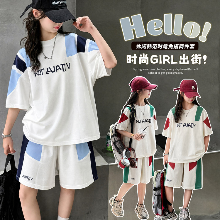 女童夏季韩版休闲短袖短裤套装女大童洋气时髦儿童夏装运动两件套图片