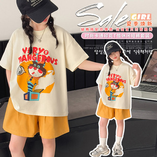 女童夏季卡通休闲套装中大儿童新款洋气短袖上衣超好看短裤两件套