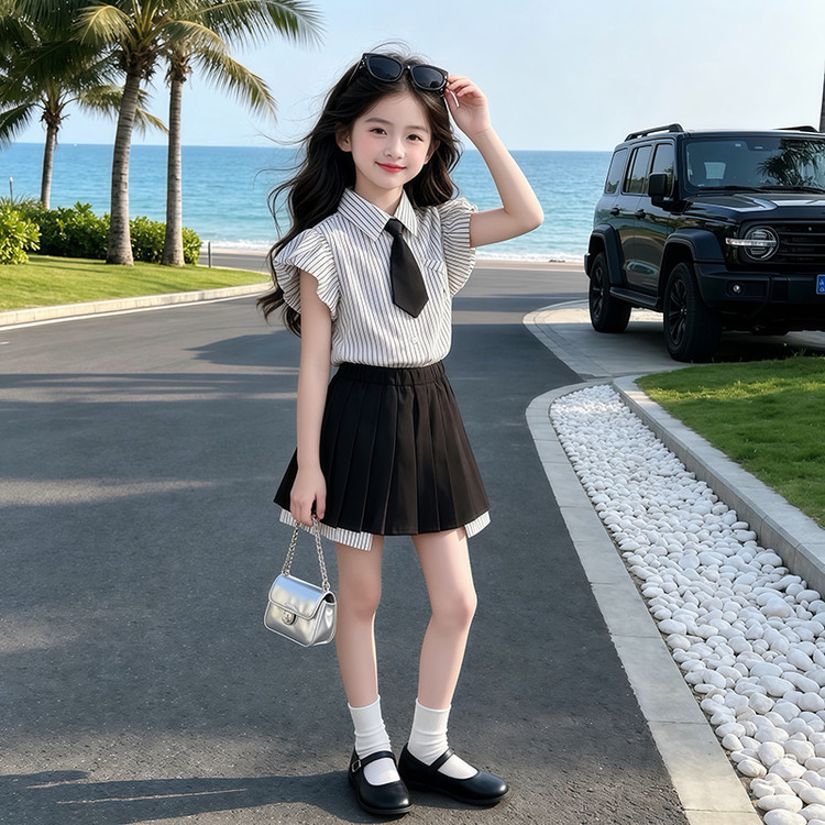 女童套装夏装2026新款儿童洋气学院风短袖衬衫半身百褶裙JK两件套