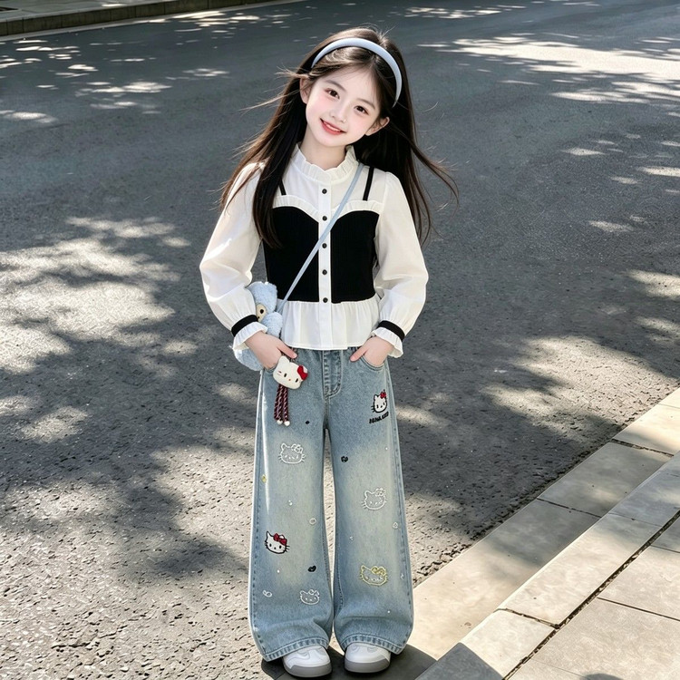 女童秋装套装2026新款儿童小香风衬衫大童秋季超火穿搭牛仔阔腿裤