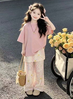童装女童夏季套装2026新款儿童宽松粉色T恤碎花P帘长裤两件套夏装