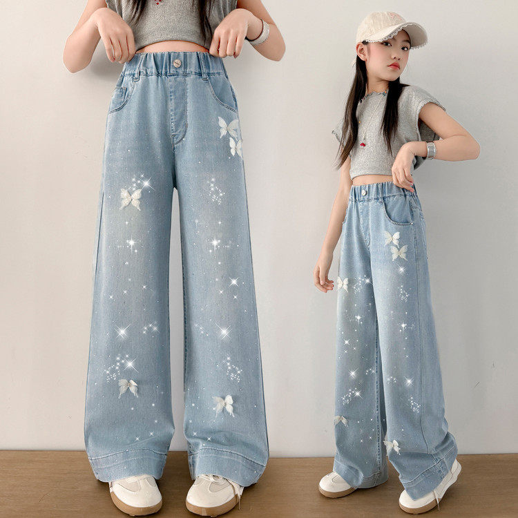 女童牛仔裤春秋款女大童网红炸街阔腿裤儿童烫钻休闲裤初中生裤子