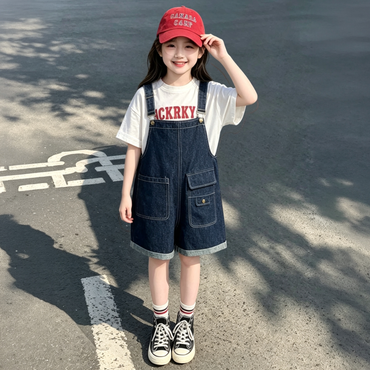 女童背带裤套装2026夏季新款洋气韩版中大儿童夏装牛仔裤两件套潮