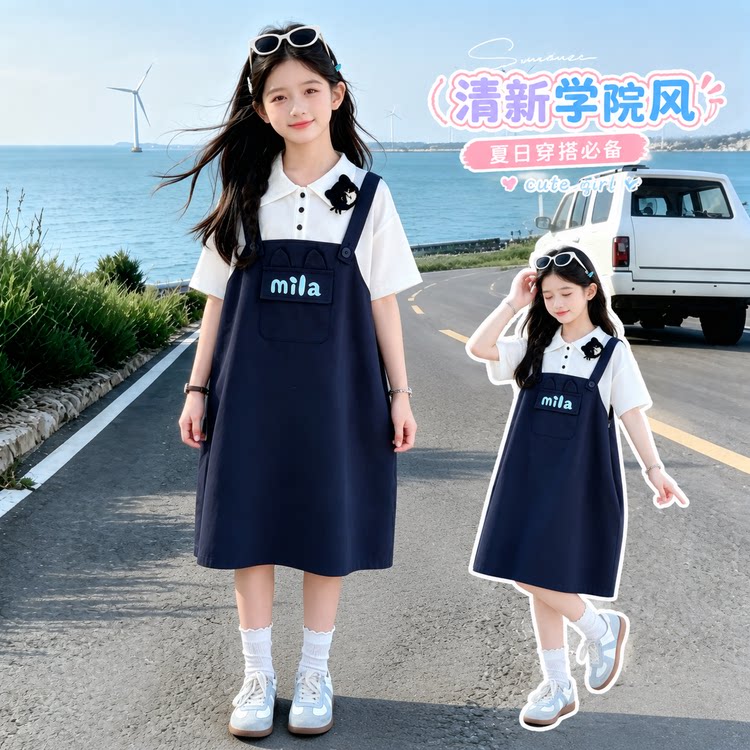 女童连衣裙夏装2026新款儿童洋气学院风短袖假两件休闲背带连衣裙
