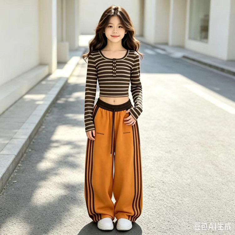 美式复古运动风条纹阔腿裤套装女2026年秋季宽松显瘦休闲两件套