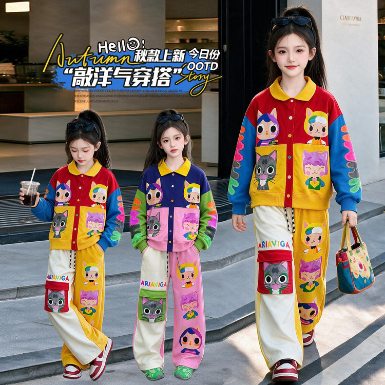女童2026新款春秋季时尚卡通休闲棒球服拼色穿搭洋气长裤套装潮酷