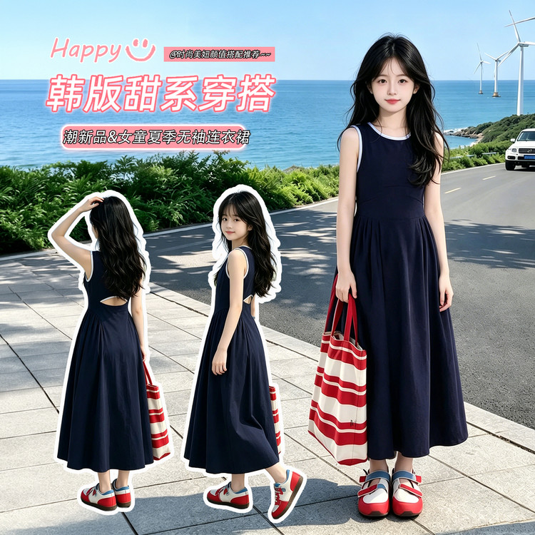 女童修身后背镂空背心连衣裙2026新款大童洋气休闲高级感无袖长裙