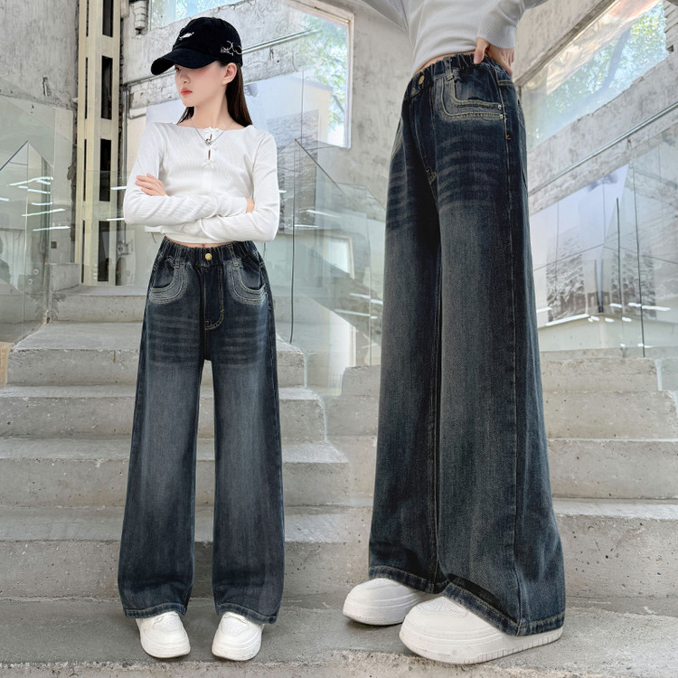 儿童牛仔裤女童秋季新款2026年中小学生经典蓝色牛子阔腿长裤单穿