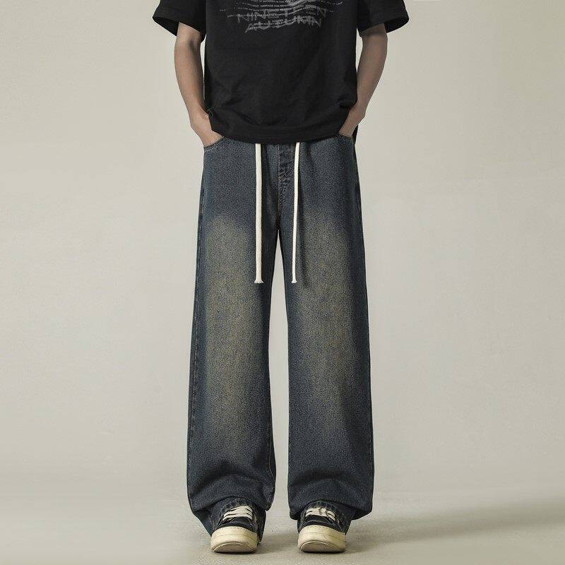牛仔裤男款春季美式潮牌复古宽松阔腿松紧腰男士休闲裤子男春秋款