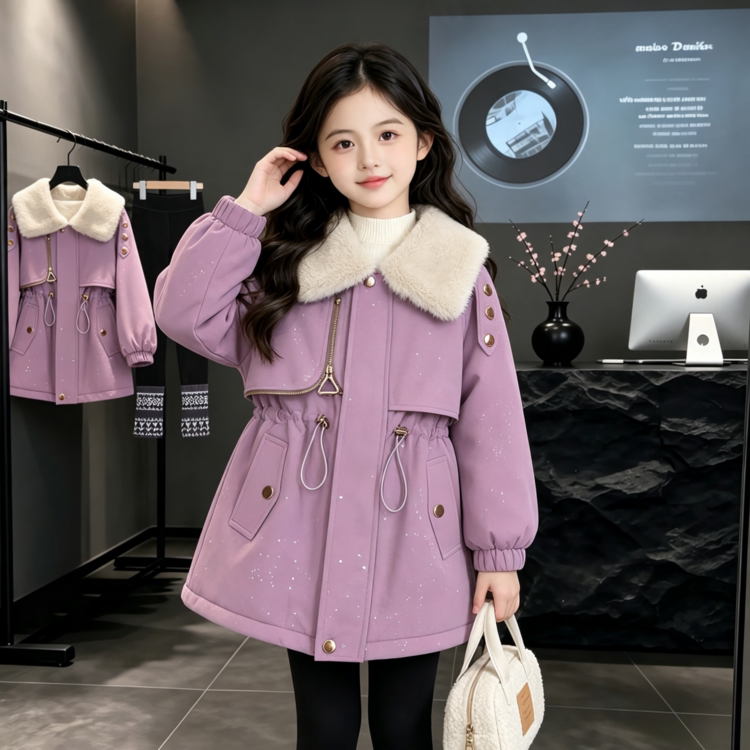 女童加绒派克服秋冬2026新款大童冬季儿童加厚中长款收腰棉衣外套