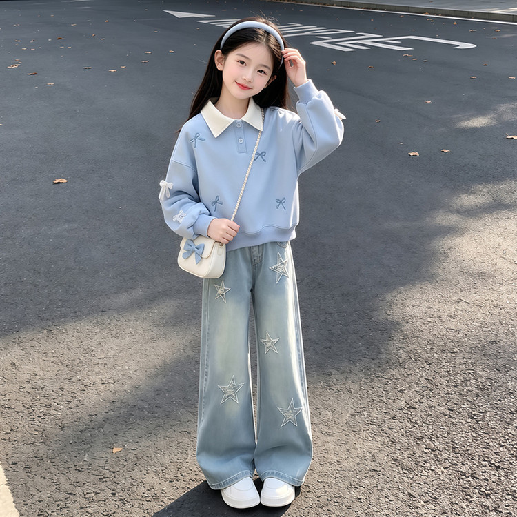 女童甜美少女POLO领卫衣牛仔裤套装春秋新款儿童蝴蝶结刺绣两件套