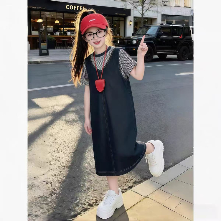 女童牛仔背心裙夏季新款复古文艺宽松百搭条纹短袖打底两件套