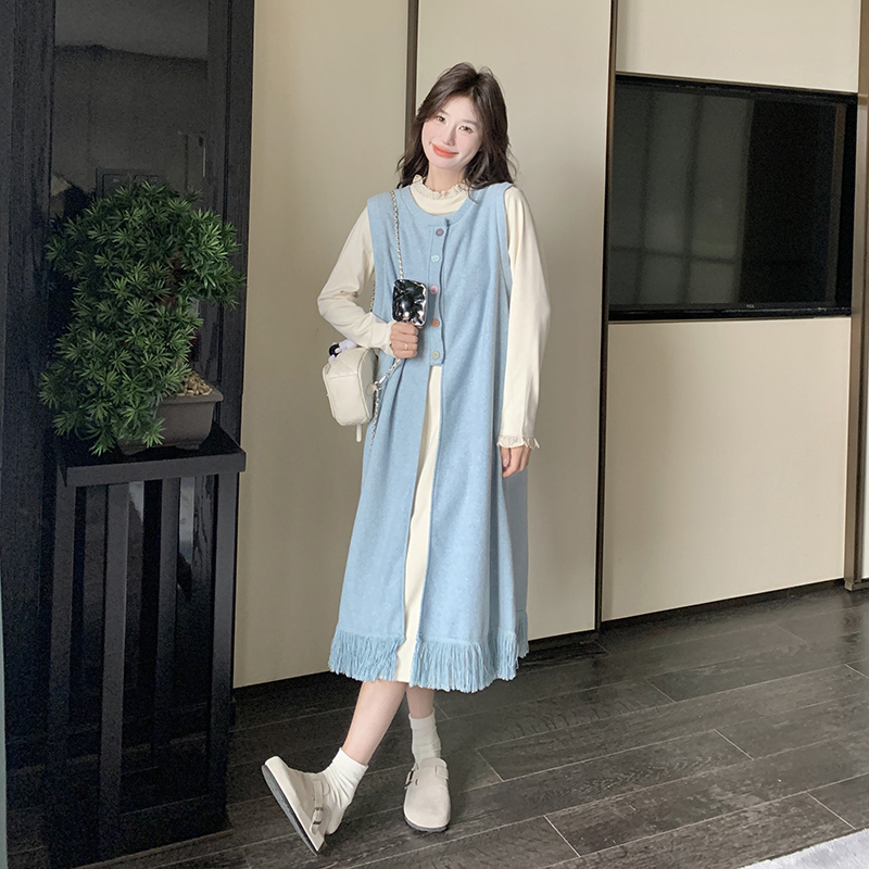 蓝色慵懒风流苏罩衫裙套装女2025春季新款高级感叠穿连衣裙两件套