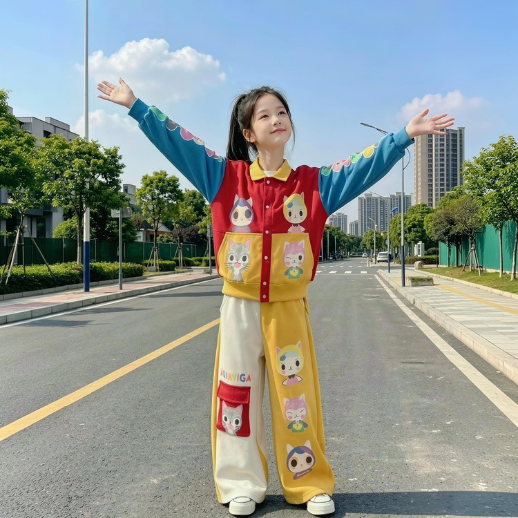 女童秋装套装2026新款女孩春秋多巴胺卡通拼接外套阔腿裤两件套潮