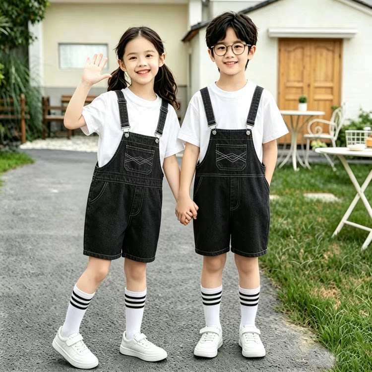 儿童背带裤2026新款小学生牛仔短裤套装男女童五分裤合唱演出服潮