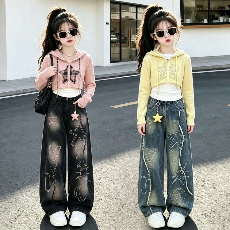 女童套装2026新款时尚上衣洋气衣服秋季女孩时髦穿搭儿童牛仔裤子