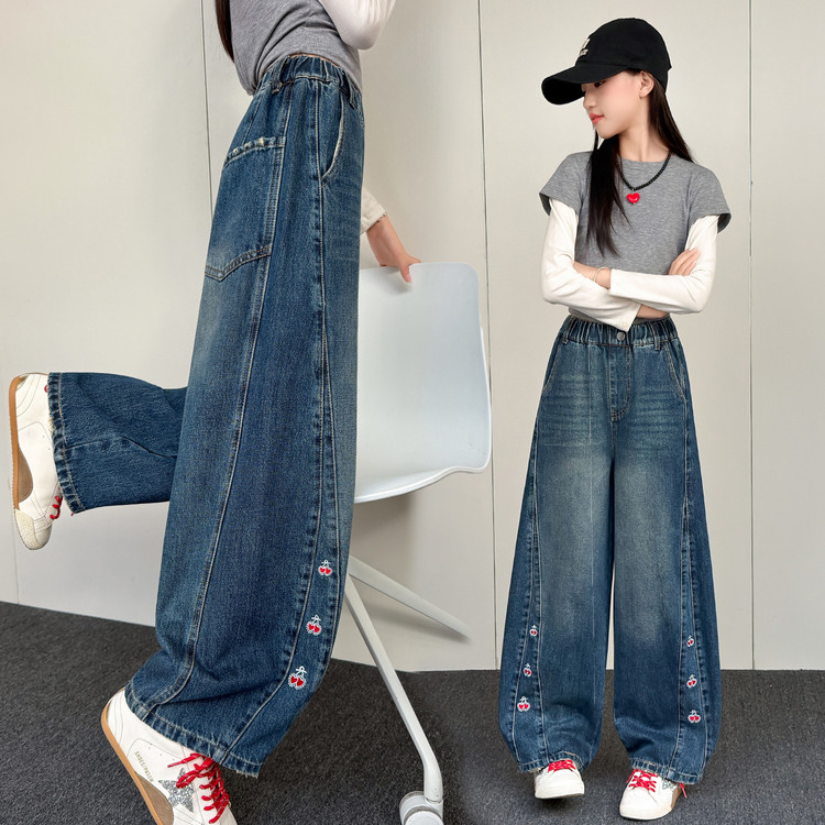 女童牛仔裤春秋韩版宽松初中生女大童秋天直筒阔腿裤秋季儿童裤子