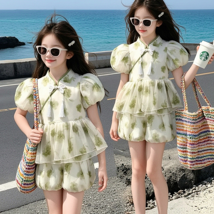 2026新款夏季女童甜美碎花泡泡袖连体裤百搭出游时尚童装
