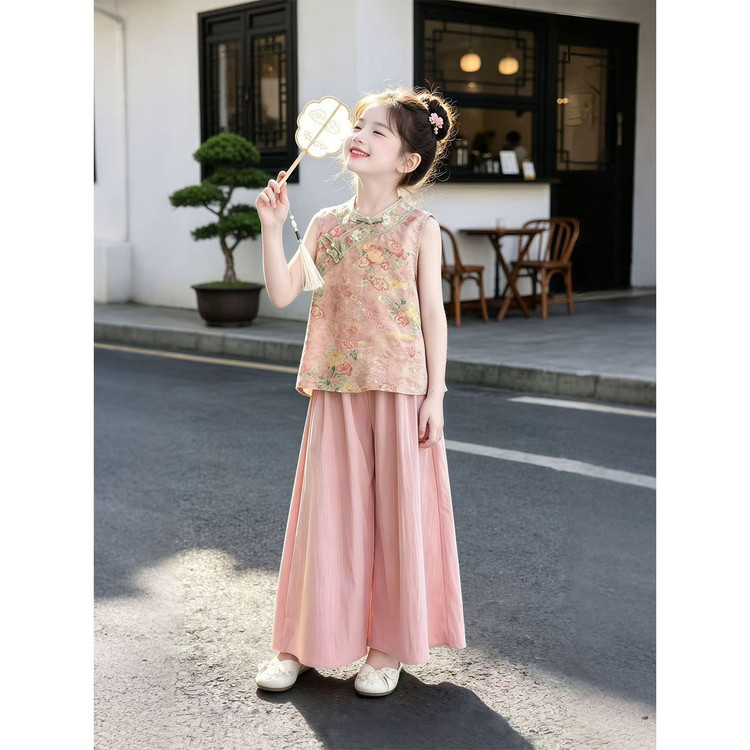 女童国风套装2026新款夏季大童女装巨好看的中式背心阔腿裤两件套