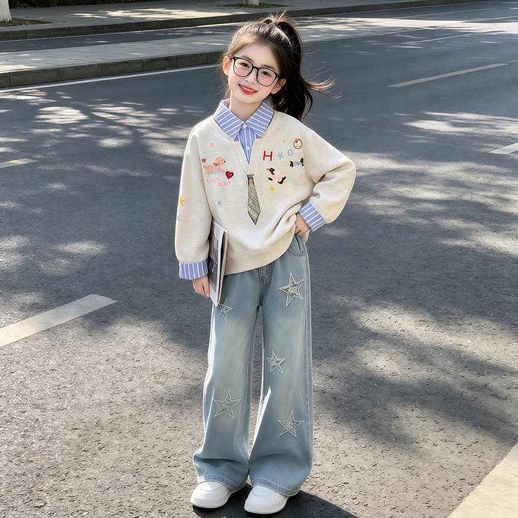 女童衬衫领假两件卫衣2026新款儿童牛仔裤套装女孩洋气春秋衣服潮
