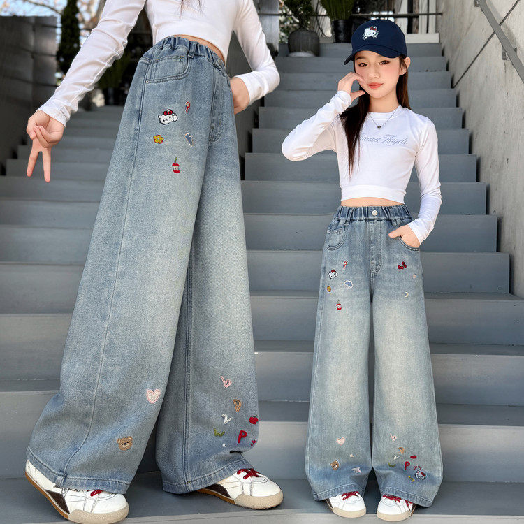 女童春装裤子2026新款中大儿童初中生女孩春秋宽松直筒阔腿牛仔裤