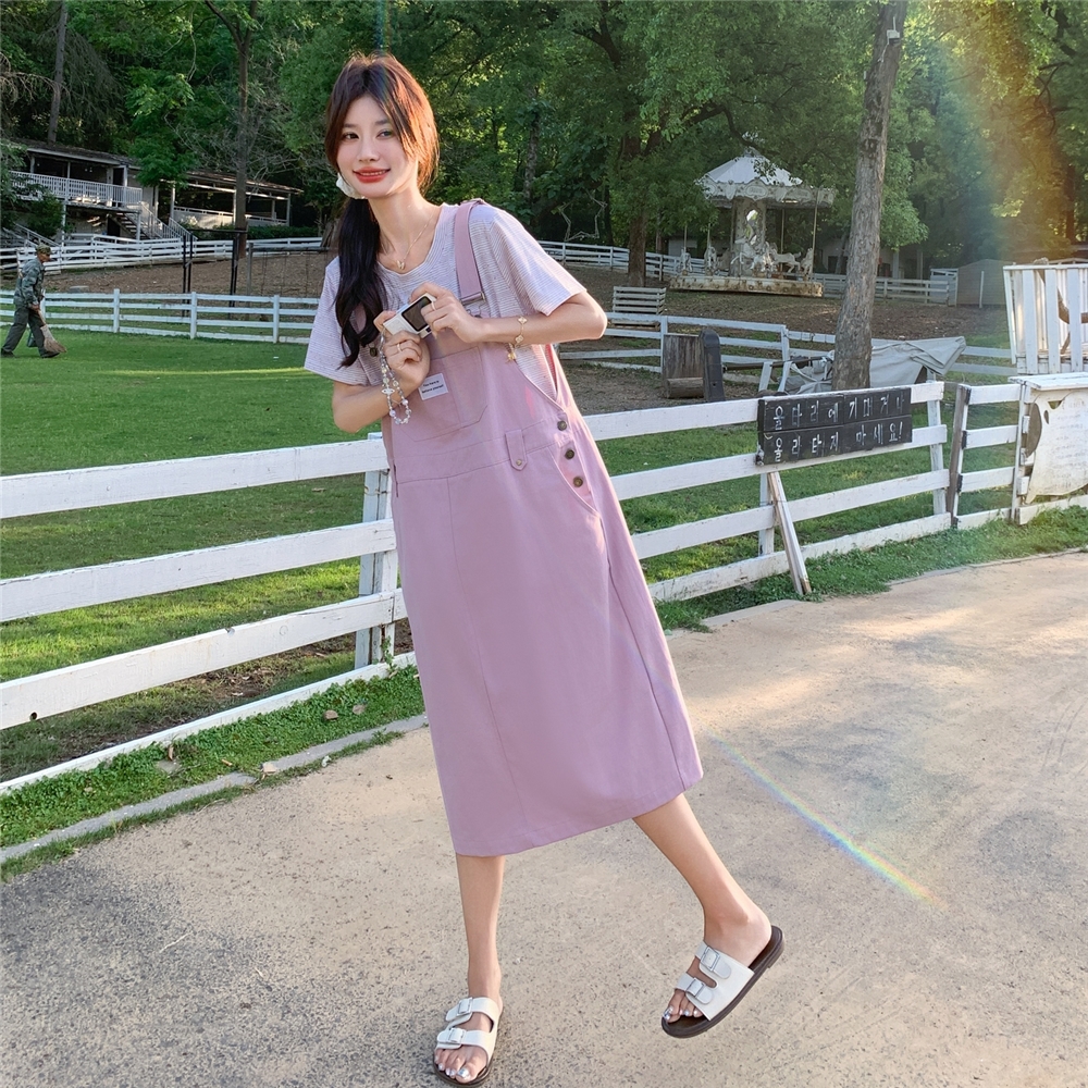 粉色背带连衣裙套装女2025夏季新款韩版学院风甜美减龄T恤两件套