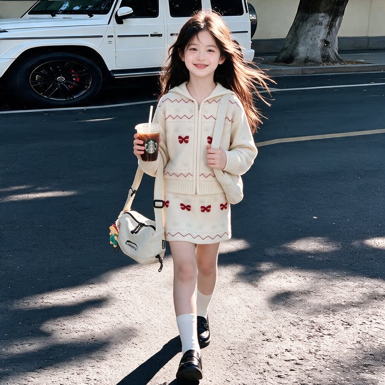 女童2026秋冬羊毛套装新款拉链蝴蝶结毛衣洋气半身裙两件套潮