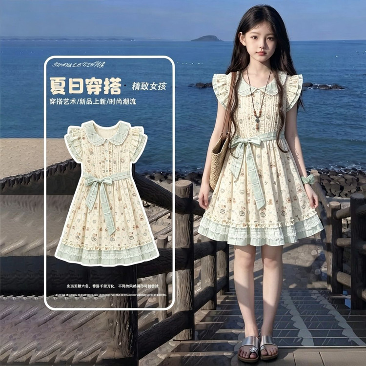 女童夏季碎花连衣裙中大童夏日新款小飞袖公主裙子甜美长裙儿童装