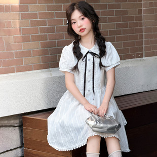 韩系女童甜美连衣裙2026夏季新款中大童学院风翻领儿童短袖连衣裙
