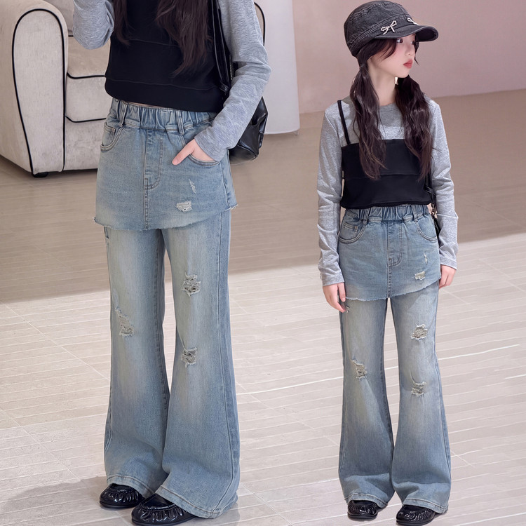 韩版假两件牛仔套装女童夏季破洞高腰显瘦阔腿裤两件套