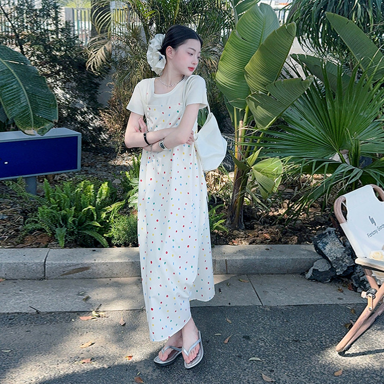 女童夏季吊带裙儿童韩范短袖T恤衫连衣裙两件套9大童度假风裙套装