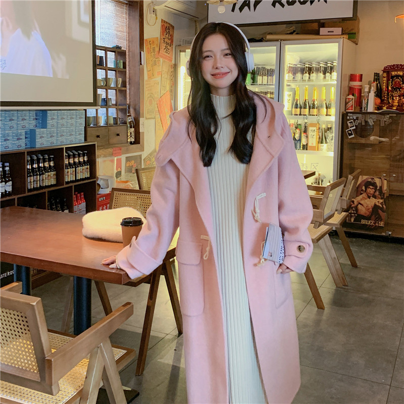 学院风粉色双面羊绒大衣女秋冬中长款牛角扣大码宽松连帽毛呢外套