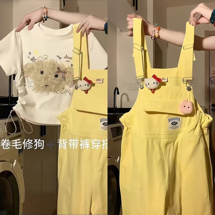 日系奶甜牛仔背带裤卷毛狗短袖上衣新款多巴胺穿搭直筒吊带裤套装图片
