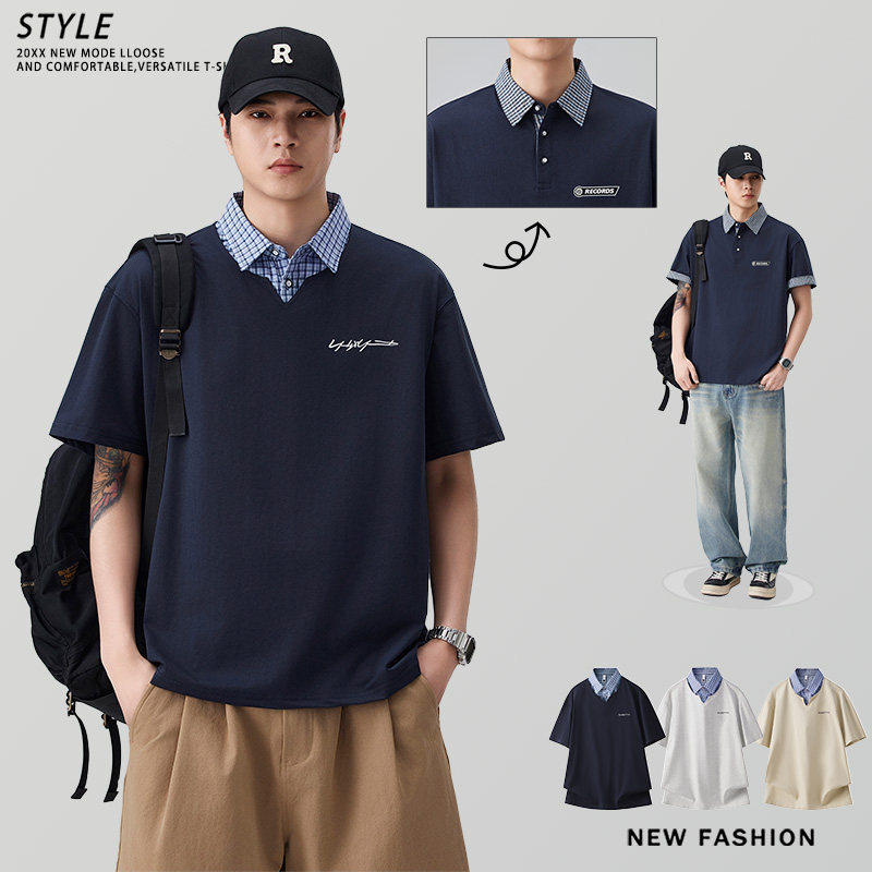 藏青色polo衫短袖男韩系撞色格子复古宽松衬衫领情侣休闲百搭T恤