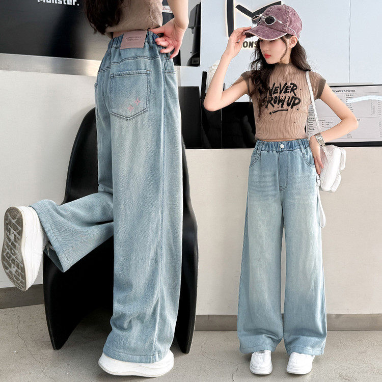 女童春秋牛仔裤宽松2026新款中大儿童阔腿直筒女孩初中生春装长裤