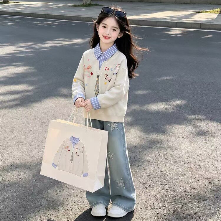 女童衬衫领假两件卫衣2026新款儿童牛仔裤套装女孩洋气春秋衣服潮